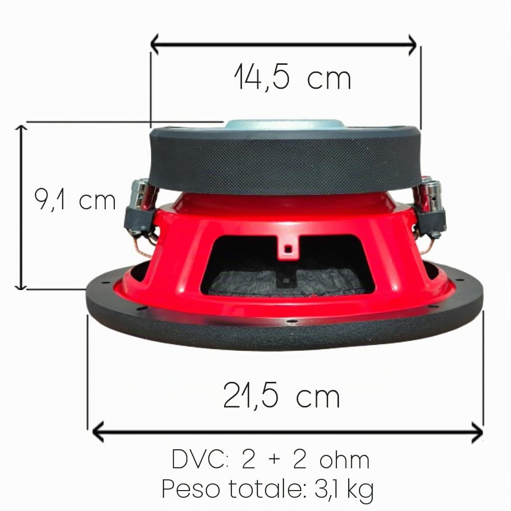KIT SET PER AUDIO SYSTEM ASY8, 1 subwoofer da 20 cm 200 mm 8" di diametro, doppia bobina, dual voice coil 2+2 ohm, 400 watt rms 600 watt max, per auto, 1 pezzo
