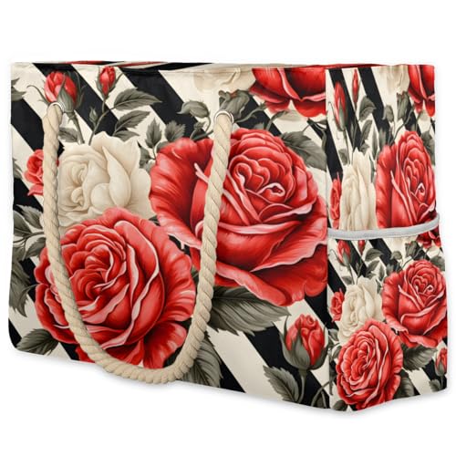 Rose Flower Large Beach Bag Waterproof Beach Bag for Women Oversized Sandproof Beach Tote Bag with Zipper for Gym Travel Daily Pool Bag Big Tote