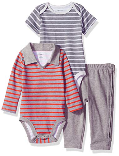 Hanes Ultimate Baby Zippin Pant with Short and Long Sleeve Polo Bodysuits Set, Red/Grey Stripe, 0-6 Months