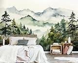 Watercolor Forest Mountain Mural Wallpaper, Foggy Trees Ink Wall Mural, Natural Landscape Mural, Misty Abstract Botanical Wallpaper for Living Room, Bedroom, Dinning Room-161'x108'(Not Peel and Stick)