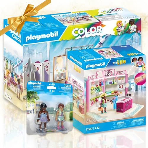 PLAYMOBIL 70691 Duo Pack Shopping-Girls 71372 Color Fashionboutique 71537 Beauty Boutique - ¡Aventura de compras de moda!