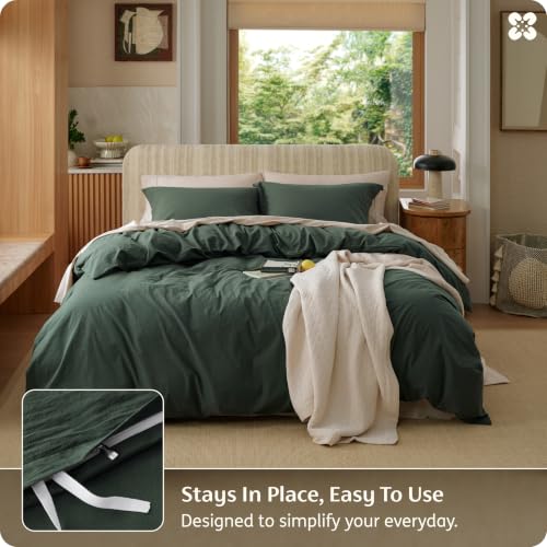 Image of Bedsure 100% Washed Cotton Duvet Cover King Size - Forest Green Minimalist Bedding Set Linen Like - PureWoven Plain Simple & Soft Comforter Cover for All Seasons (Forest Green, King, 104 inchx90 inch)