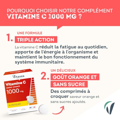 VITAVEA BIEN-ETRE - Vitamine C 1000mg - Tonus et Energie - Complément Alimentaire Fatigue et Système immunitaire - 28 comprimés - Saveur Orange -Sans sucres ajoutés - Cure 28 jours -Fabriqué en France – Image 4