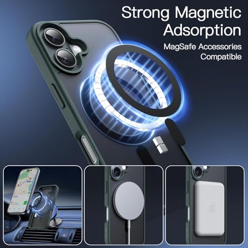 Image of Elzzi Magnetic Compatible with iPhone 16 Case (Compatible with MagSafe) Translucent Shockproof, Anti-Fingerprint Phone Case, Green