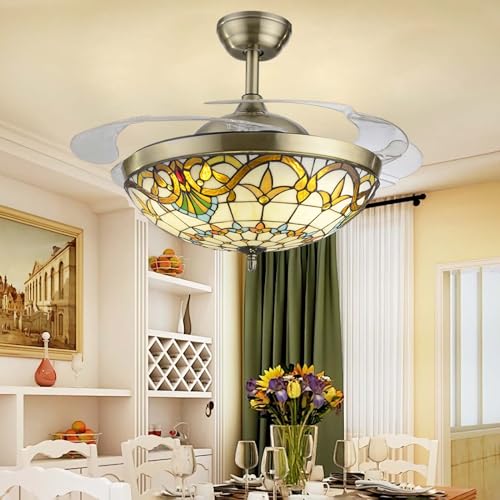 Tiffany Ventilador de Techo con Luz y Mando, Reversible DC 6 Velocidades Silencioso Ventilador de Techo con Luz aspas Retráctiles Lampara Ventilador, Vintage Lámpara Ventilador Techo para Salón