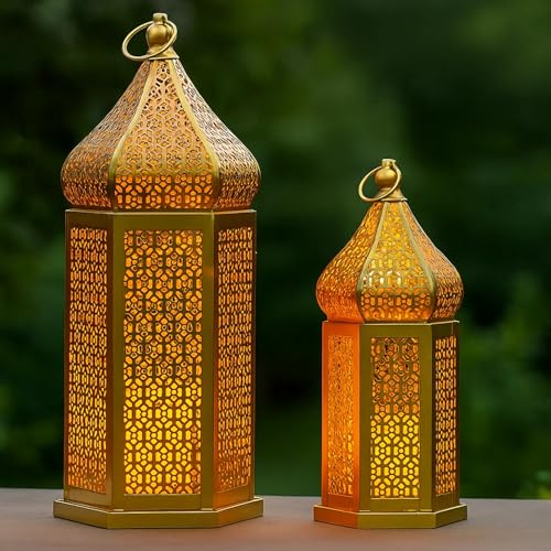 Vela Lanterns Decorative Indoor Gold Moroccan Temple Lanterns Set of 2