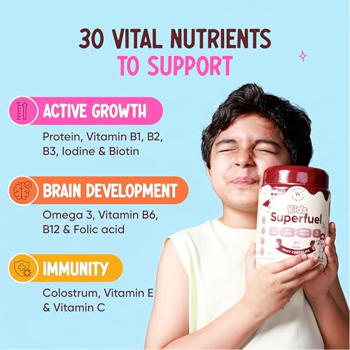 Image of Wellbeing Nutrition Kids Superfuel 7+years |Zero Added Sugar |9g Milk Protein Isolate, 23 Vitamins & Minerals, 100mg DHA, 3g Fiber, Probiotics |Height Growth, Immunity & Brain| Chocolate, Nutrition Drink Powder, 400g