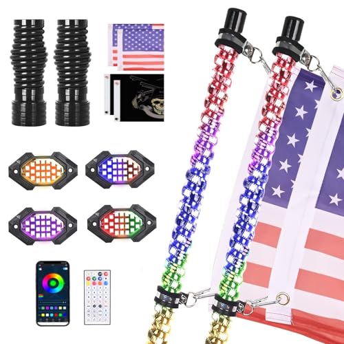 Image of 2PCS 3FT LED Whip Light and 4 Pods Rock Light Combo Kit with Spring Base, Rocker Switch, Remote and App Control,Universal for UTV ATV RZR Polaris SXS Can-Am,Waterproof