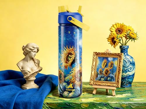 Image of POWCAN 26 oz Insulated Water Bottle with 2-in-1 Straw and Spout Lid, Keep Cold 24H, Leak-Proof, Fits in Car Cup Holder, Stainless Steel Water Bottle for Gift, Art Studio & Daily (Sunward Glow)