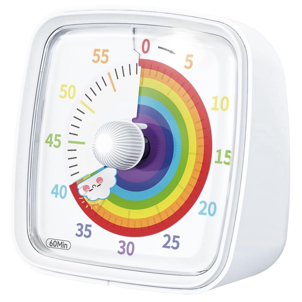 CTRLZS 60-Minute Visual Timer with Night Light, Countdown Timer,Pomodoro Timer with Rainbow Pattern for Kids and Adults Easy Install White