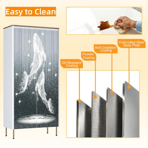 Image of 59 inch Metal Pantry Cabinet,White Kitchen Pantry Cabinets with Doors | Tall Freestanding Storage Cabinet with Adjustable Shelves,Modern Cabinet for Living Room, Kitchen,Dining,Whale Pattern
