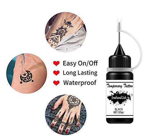 Freehand Ink Temporary Tattoo Kit Jagua Gel Semi Permanent Tattoo 3 Bottles Black 1.5Oz Temp Tattoos For Women Men Kids Body Art Markers 30 Pcs Free Stencils Diy Tattoos Fake Freckles Kits #TOP5