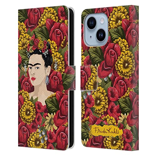 Étui iPhone 14 Plus Frida Kahlo - Protection portefeuille en cuir modèle portrait floraux rouge