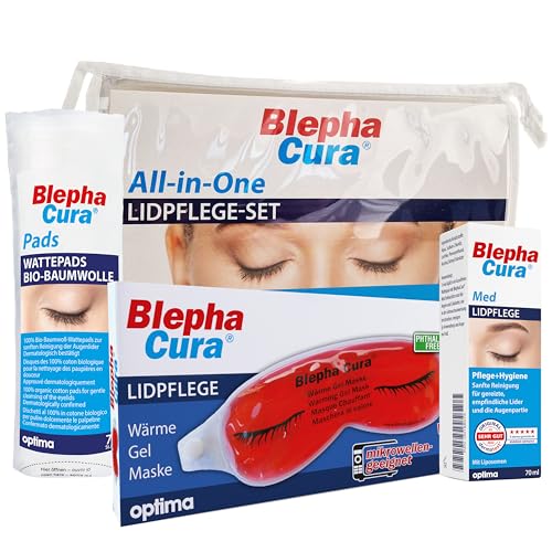 BlephaCura AllinOne LidpflegeSet 3Schritte Augenlidpflege mit Med Suspension 70ml BaumwollPads WärmeGelMaske & Reisetasche bei Blepharitis & trockenen Augen