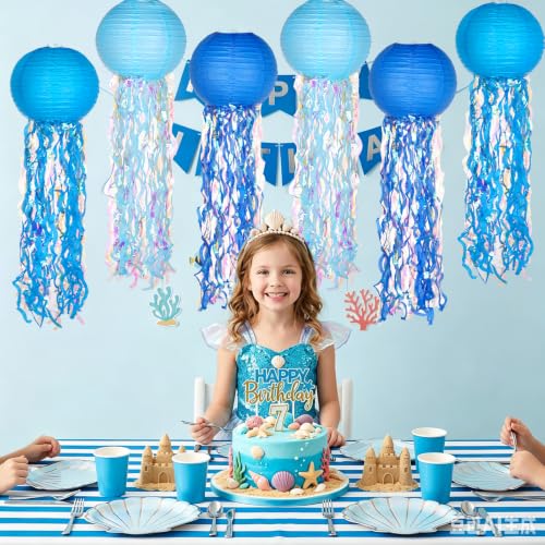 Image of Set of 6 Hanging Jellyfish Paper Lanterns Blue Jellyfish Decor for The Sea Ocean Party, Mermaid Birthday Decoration, Baby Shower, Nautical Events (Glitter Blue)