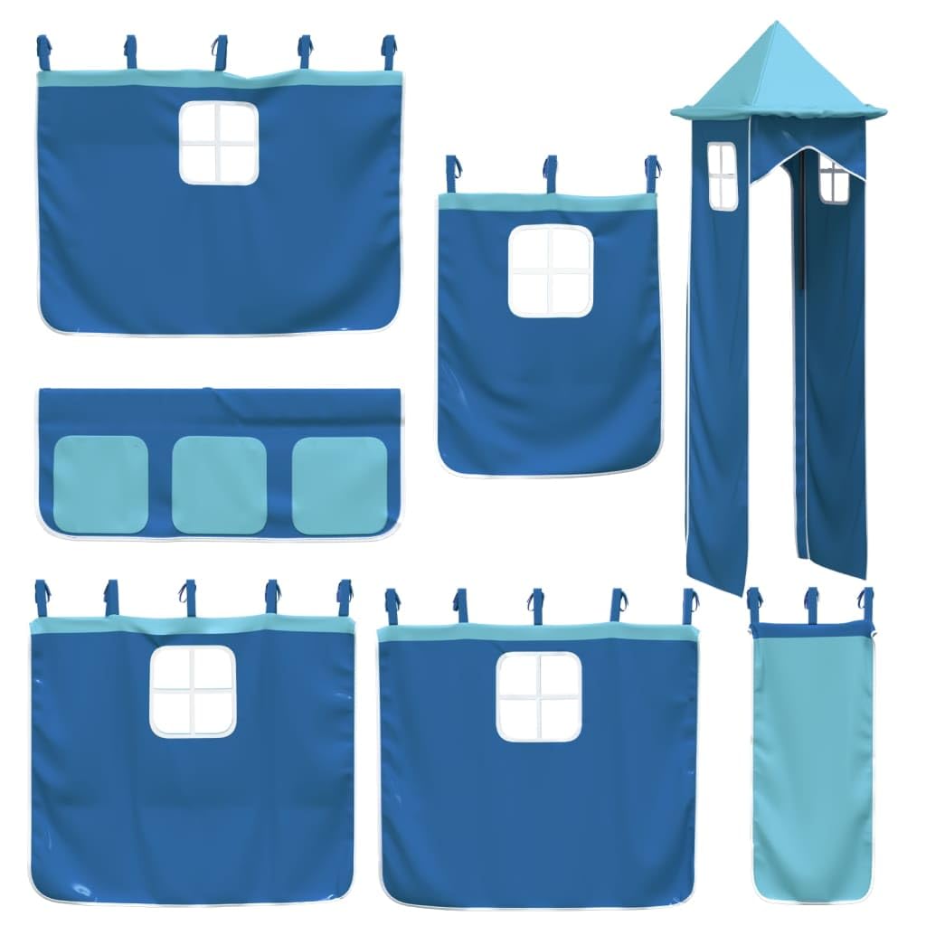 Litera infantil con tobogán, cortinas, 90 x 200 cm, madera maciza de pino, color blanco y azul, cama de juegos, para habitación infantil a partir de 6 años