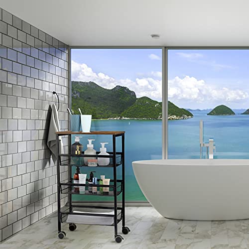 Sehertiwy Kitchen Storage Rolling Cart, 4-Tier Kitchen Island Cart On Wheels With Wooden Shelves, Lockable Utility Cart With Mesh Baskets For Narrow Space On Dining Room Bathroom，Black #TOP6