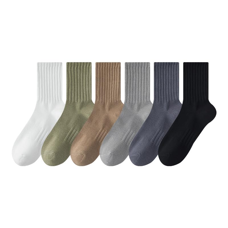 Ribbed Athletic Crew Socks, 6 Pack, White Black Gray Khaki Navy Olive, Cotton Blend, Cushioned Running Socks