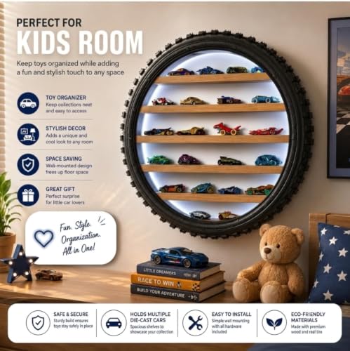 Image of Wooden Wall Shelf Display Rack for 1:64 Scale Die-Cast Cars with LED Light | Rugged Tyre Frame Storage Organizer for Hot Wheels Collection | Decorative Home & Room Decor (24 x 4 Inch (White)