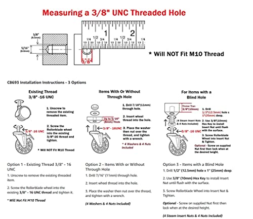 Slipstick Cb693 Premium 3 Inch Rubber Caster Wheels With Brake (4 Pack) Replacement Rollerblade Style Swivel Casters With 3/8”– 16X1” Threaded Stem, Includes Mounting Hardware, Black / Clear Castor #TOP2