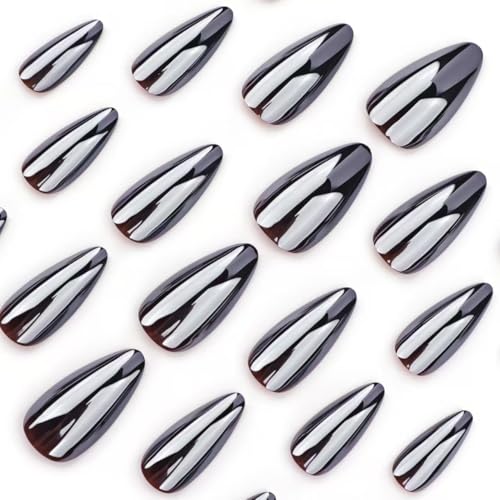 Image of Dark Black Press on Nails Medium Almond Fake Nails Chrome Nail Press ons with Design Glossy Glue on Nails Artificial Acrylic Full Cover Stick on Nails Cool False Nails for Women Girls Manicure 24Pcs