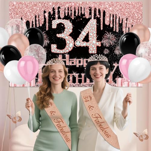 Juesly 34th Birthday Decorations for Women Rose Gold Black 49pcs by Juesly - Used condition - Image 7