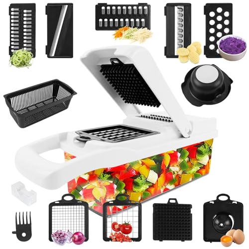 Vegetable Chopper Vegetable Cutter, Veggie Onion Salad Food Chopper Manual-Potato Chipper, Veg Chopper and Dicer for Kitchen Tools & Gadgets with 7 Replaceable Stainless Steel （15-in-1）