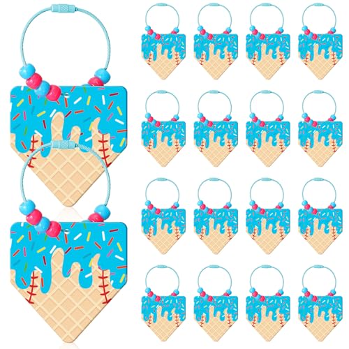 Equsion 18 Sets Ice Cream Drip Baseball Bag Tag with Beads DIY Name Acrylic Keychain Baseball Ice Cream Drip Theme Party Gifts for Team Sport Favor Suitcase Luggage Bag Tags(Conical Blue Waffle)