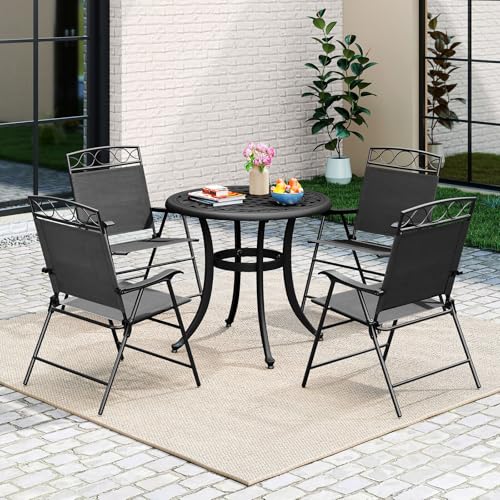 Image of Giantex Set of 4 Patio Folding Chairs, Outdoor Dining Chairs for Camping, Beach, Backyard, Deck, Portable Dining Chair w /Armrest and Metal Frame, Gray