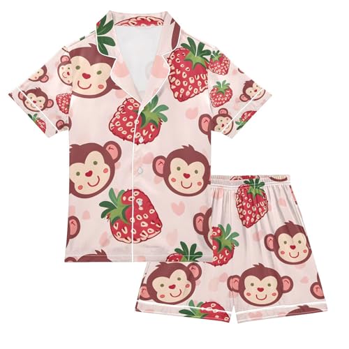 senya Monkey Strawberry Satin Summer Pajama Sets Silk Short Sleeve Button Down Sleepwear