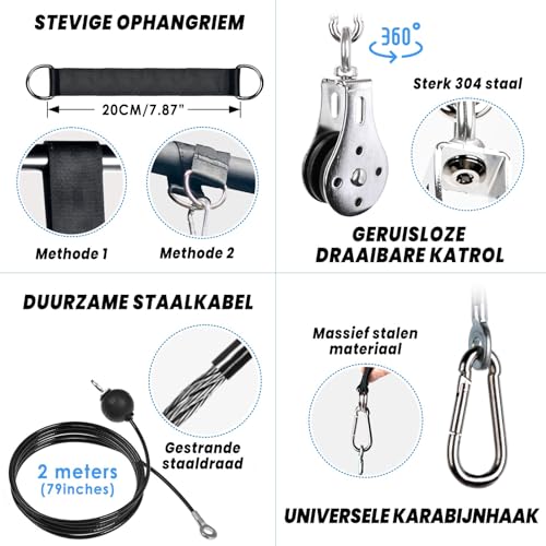 Fitness Cable LAT Pulley System, Katrol Systeem Apparatuur voor Thuis, Lat Pulldown Pulley Cable System Cable Machine Fitness Apparaten met Grip Pulley Set Gym Tricep Rope Stang voor Home Gym - Afbeelding 5