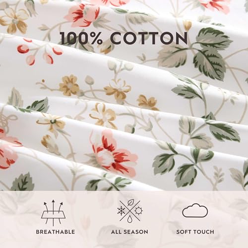 Image of Laura Ashley - Queen Size Sheet Set, Crisp & Lightweight Cotton Percale Bedding with Fitted Sheet and Pillowcases, Floral Room Decor, Deep Pocket, College Dorm Room Essentials (Meadow Floral Beige)