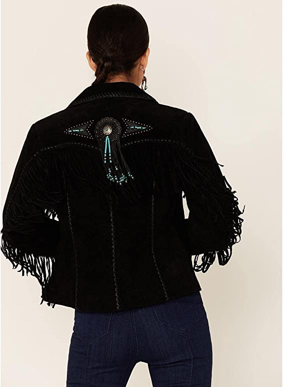 Western Genuine Leather Suede Jacket Women Native American Boar Cowlady Beaded & Fringe Cowgirl Jacket Tassels4