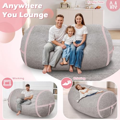 Image of 6FT Bean Bag Chair 6'Giant Bean Bag Chairs with Adults, Large Beanbag Chair | Bean bag Lounger with Washable Cover Luxurious Velvet Fabric, Comfy Chairs for Living Room, Bedroom Dorm, Lightgrey with Pink