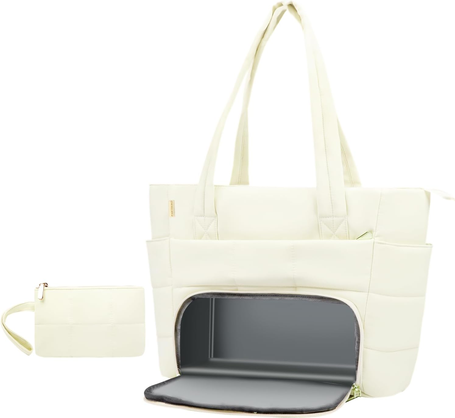 Work Laptop Tote Bags with Insulated Lunch Compartment& Clutch Purse, Lightweight Puffer Lunch Tote Bag with 15.6 Inch Laptop Compartment for Women Daily Business Office Teacher Nurse (Beige)