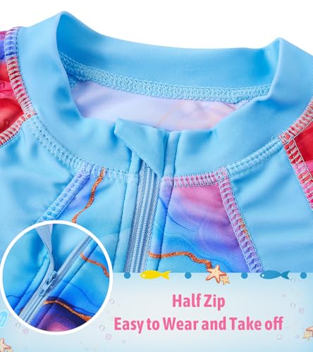 Image of Girls Long Sleeve Rashguard Half Zip Swimsuits UPF 50+ Two Piece Swim Sets with Hairband 5-12Y | Two Piece Swim Sets with Hairband
