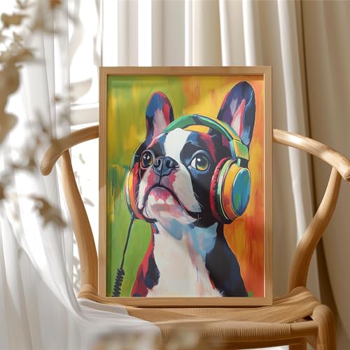 Image of Boston Terrier Music Headphone Wall Art Print Poster, Dog Pet Lover Picture Painting Artwork Bedroom Living Room Office Dining Room 150D (Boston Terrier Music Headphone, 11 inchW x 14 inchL, Wood Frame)