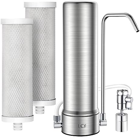 LCF Countertop Water Filter, 5-Stage Stainless Steel Water Filtration System, Reduces Heavy Metals, Bad Taste & 99% Chlorine, 16,000 Gallons Faucet Water Filter, Free 360° Rotary Aerator(2 Filters)
