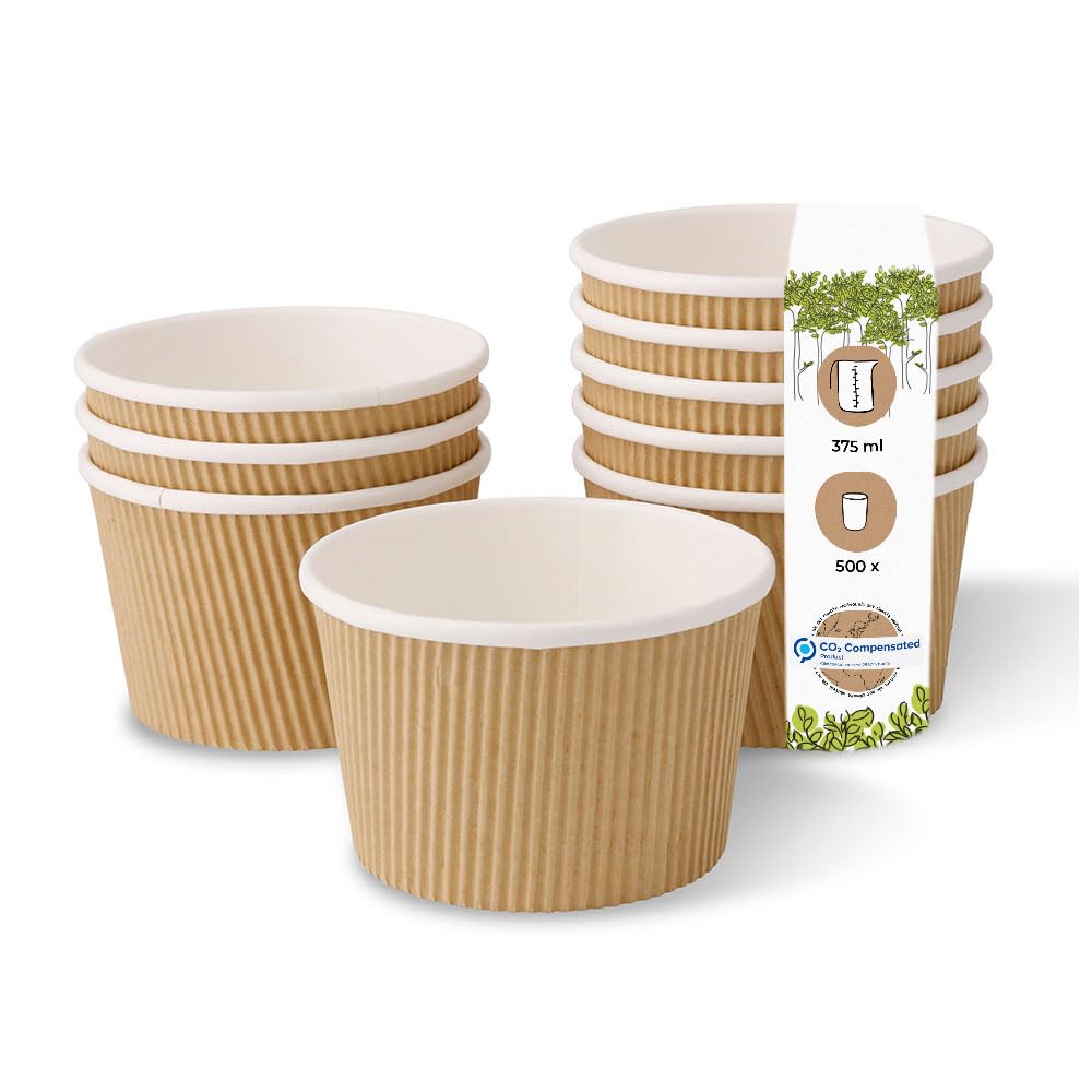 BIOZOYG Tazza per Zuppa da Asporto Stoviglie Monouso I Tazza di Cartone Kraft Ondulata Bicchiere Zuppa con realizzato con barriera interna a base d'acqua I 500 Coppette Compostabili 375 ml