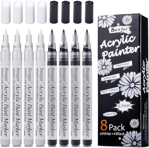 8 Stylos Peinture Acrylique Beager 0,7mm Blancs Et Noirs - Marqueurs Permanents Étanchés