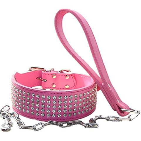 haoyueer 2 inches Wide Leather Rhinestone Crystal Diamante Jeweled Dog Collar Chain Leash Lead Set Heavy Duty Fit Pitbull, Bulldog, Doberman (L, Hot Pink) Cover