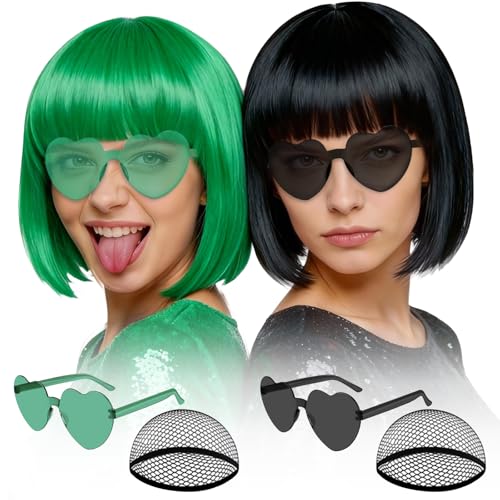 Image of MEEZY 2 Pcs Neon Bob Wigs with Bang Black Green for Women, Colorful Fun Wig Short Bob Hair with Heart Sunglasses Hair Cap for Halloween Costume Cosplay Photography Birthday Bachelorette Party Carnival