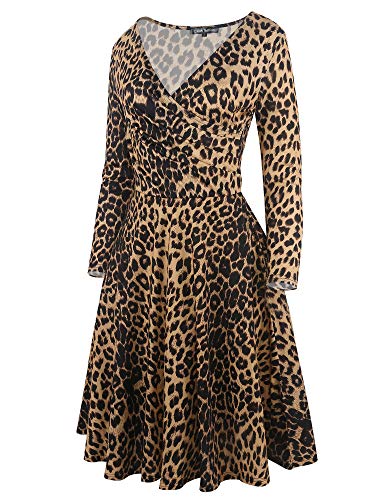 oxiuly Women's Vintage 1950's Leopard Criss-Cross Long Sleeve Party Cocktail Swing Casual Dress OX233 (XL, Leopard Brown 9)
