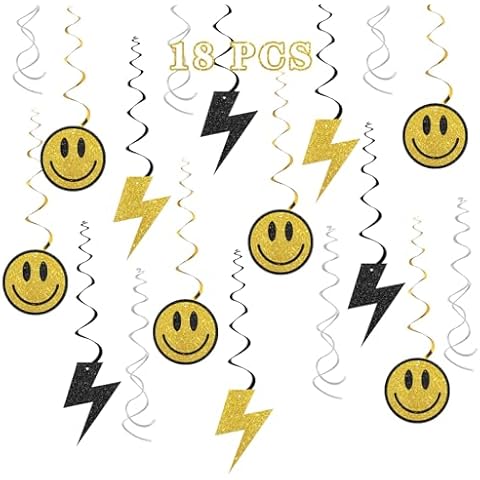 Maicaiffe Smile Face Lightning Hanging Swirl Decorations - Glitter 18 Pcs One Happy Dude Party Supplies - Baby Shower Streamers - Hippie Birthday Party Foil Swirls Ceiling Decorations Cover