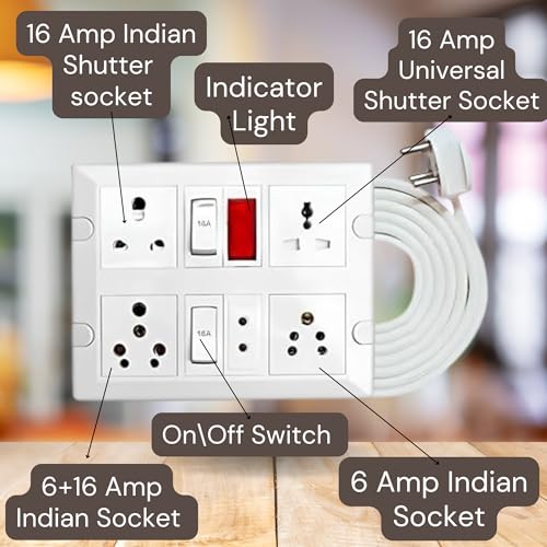 Image of Elegant Casa 6+16 Amp Electric Extension Board 4 Indian and Universal Sockets with Switches, Indicator Light for Small and Large Appliances with 16 Amp Plug Top 3 Core 2.5 Mm,3 Meter Copper Wire