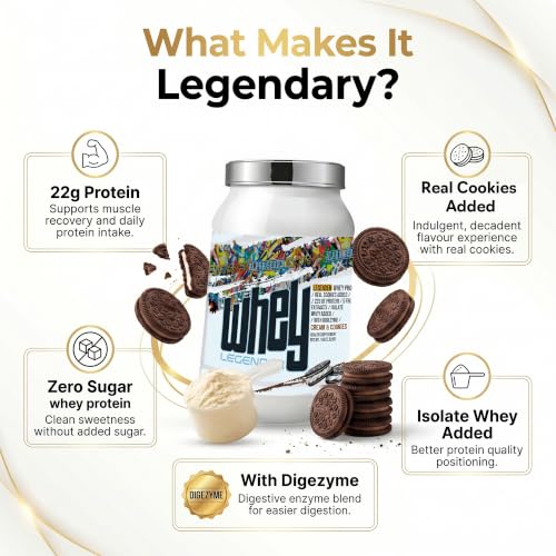 Image of ABSOLUTE NUTRITION Legender Whey Protein, Weight Loss, Sports Supplement, 5 Fruit Extracts, Sugar-Free, Protein Isolate, Digezyme, Vitamin C, 1kg (cream and cookies)