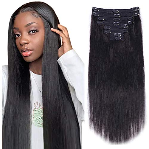 Cecycocy Straight Clip in Hair Extensions Human Hair for Black Women - 8Pcs 18Clips Double Weft Brazilian Remy Human Hair Clip in Extensions Thick to Ends 120G/4.2oz Natural Black (16 inch, straight)