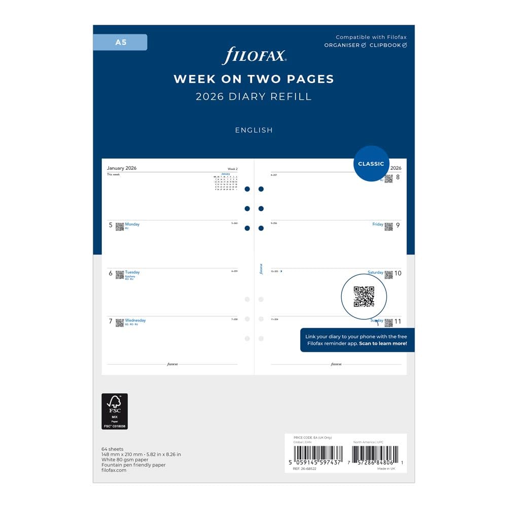 Filofax Week on Two Pages A5 2026 Diary Refill, English