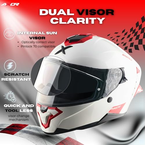 Image of Axor Brutale Corsa Helmet - Dual Spoiler | ECE 22.06, ISI & DOT Certified | Race-Ready Fit with D-Ring & UV-Protected Visor-White Red, Size:S