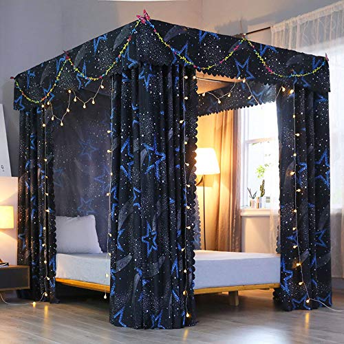 Galaxy Four Corner Post Star Canopy Bed Curtains Twin Size Mosquito Net Bed Canopy Cover Galaxy Bed Curtains for Boys Kids Bedroom Decoration